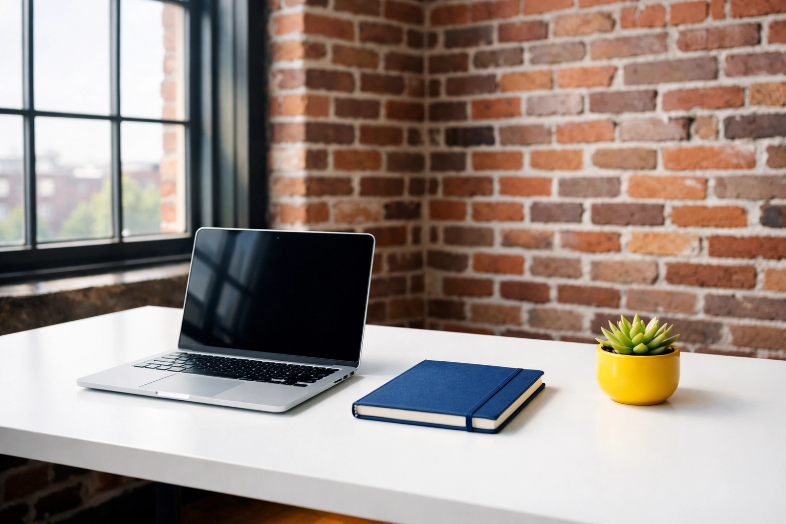 Clean minimalist office desk in a historic Lowell mill building promoting workspace productivity.