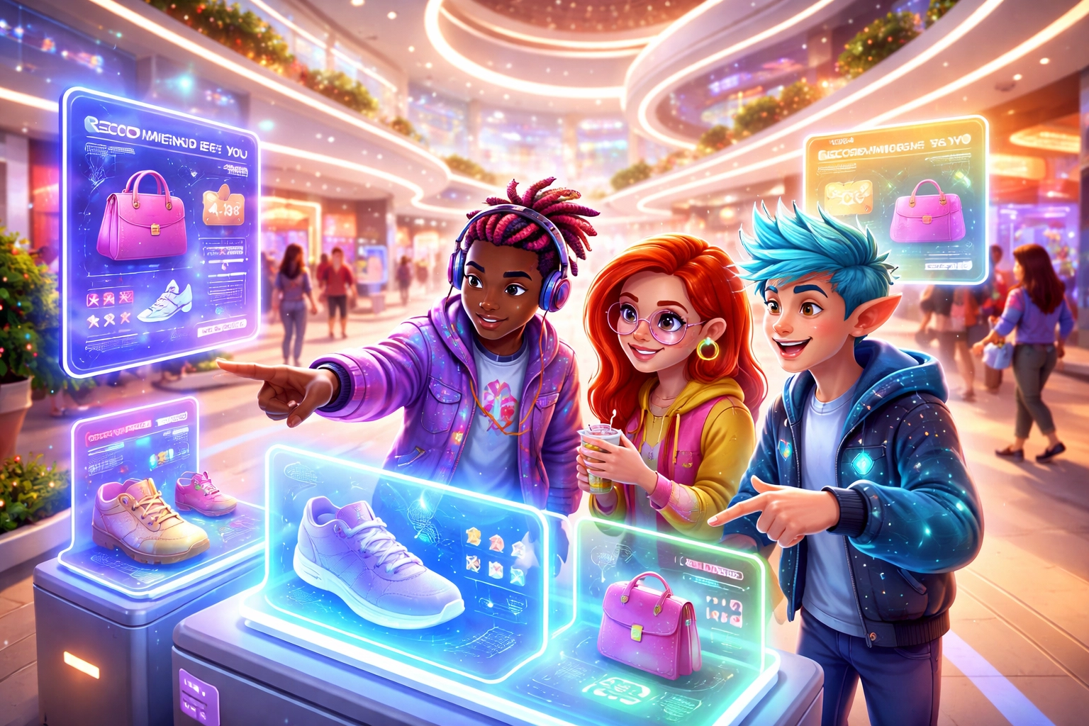 Digital avatars shopping together in a virtual mall with AI-powered personalized recommendations