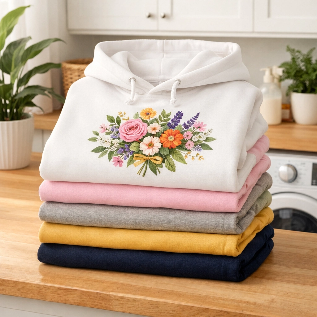 A stack of colorful personalized hoodies with high-quality floral DTF prints.