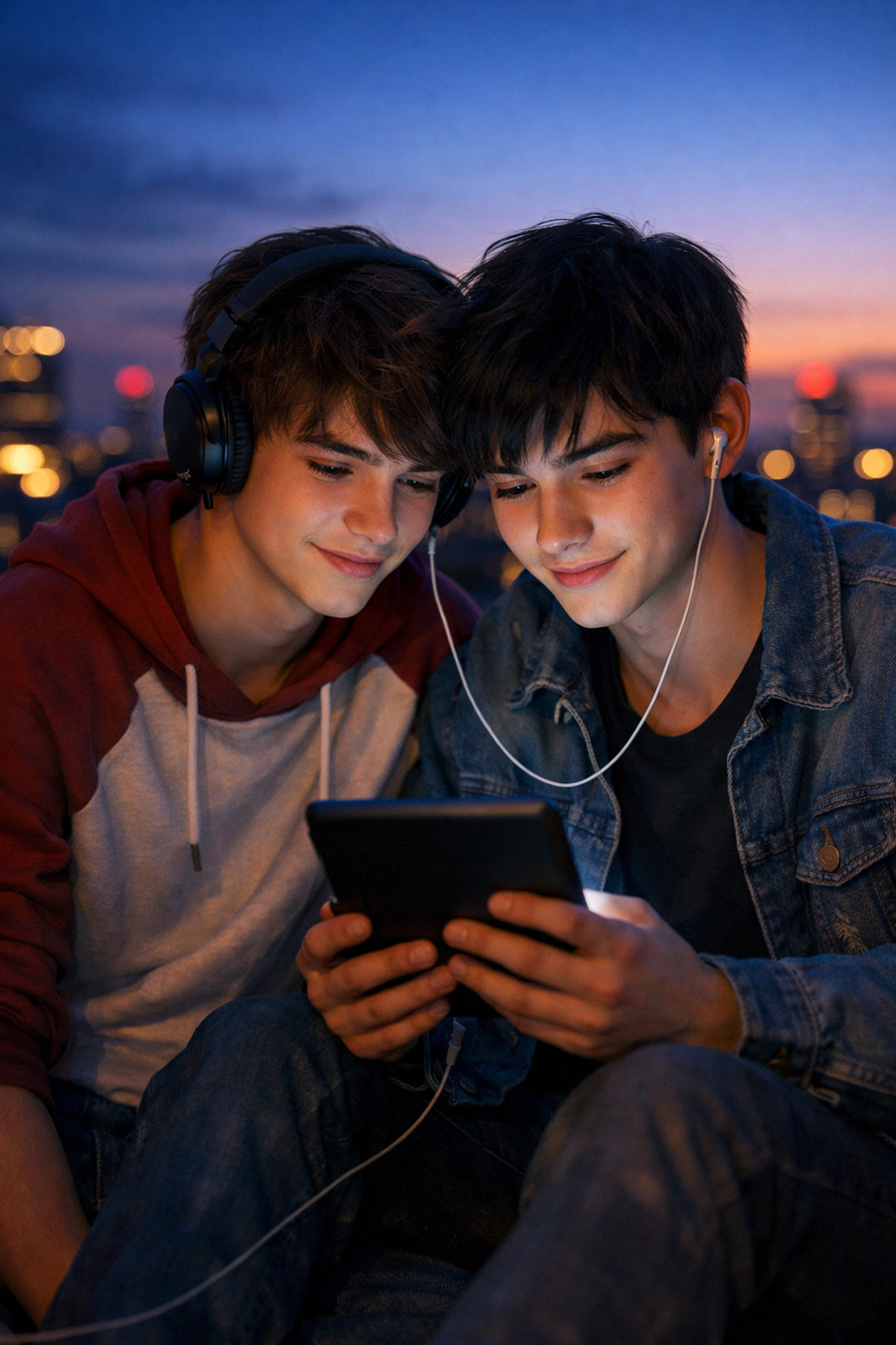 Two young men sharing an e-reader on a rooftop at sunset, illustrating a modern gay love story.