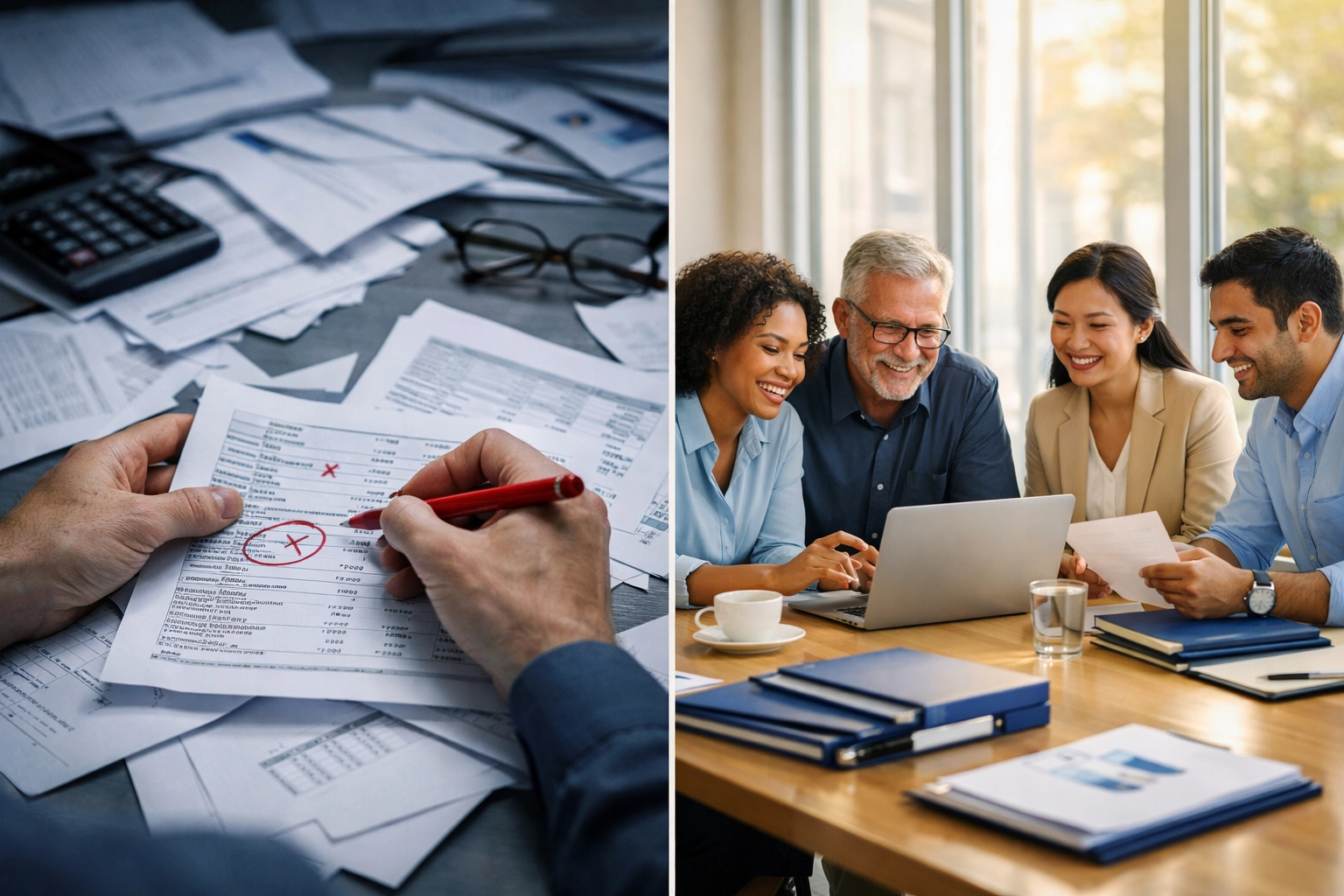 Outsourced bookkeeping team reviewing financial documents together to prevent errors