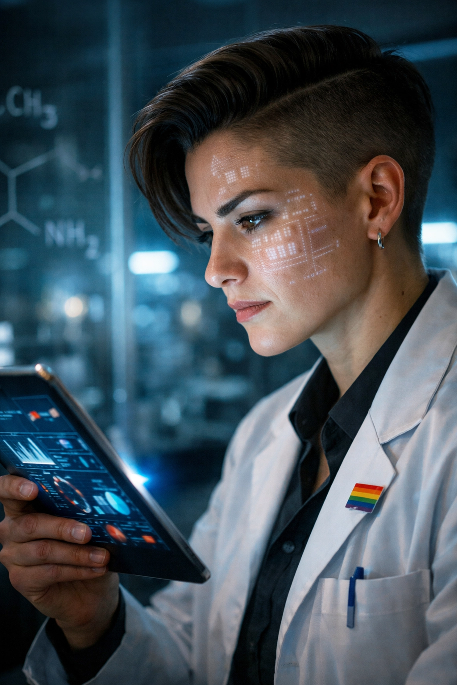 A queer researcher studying gender identity data in a lab, symbolizing LGBTQ+ visibility in science.