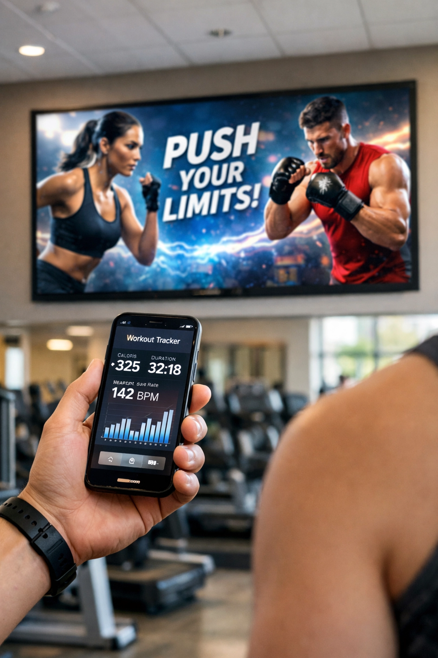 Fitness center member with a smartphone near a digital out-of-home sports marketing screen.