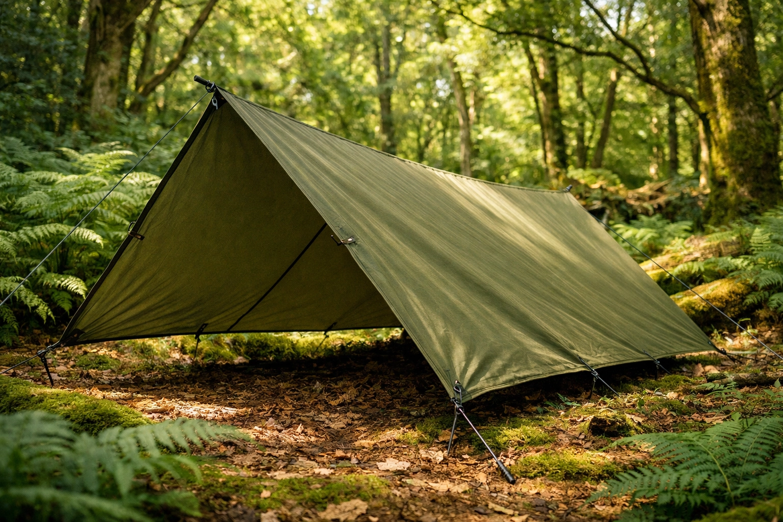 A-frame tarp shelter setup in UK forest for wild camping and bushcraft survival