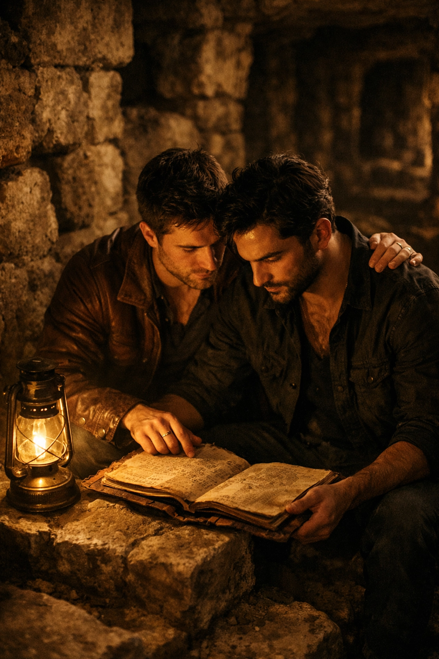 Two men reading old journal together in Paris Catacombs for LGBTQ+ romance adventure