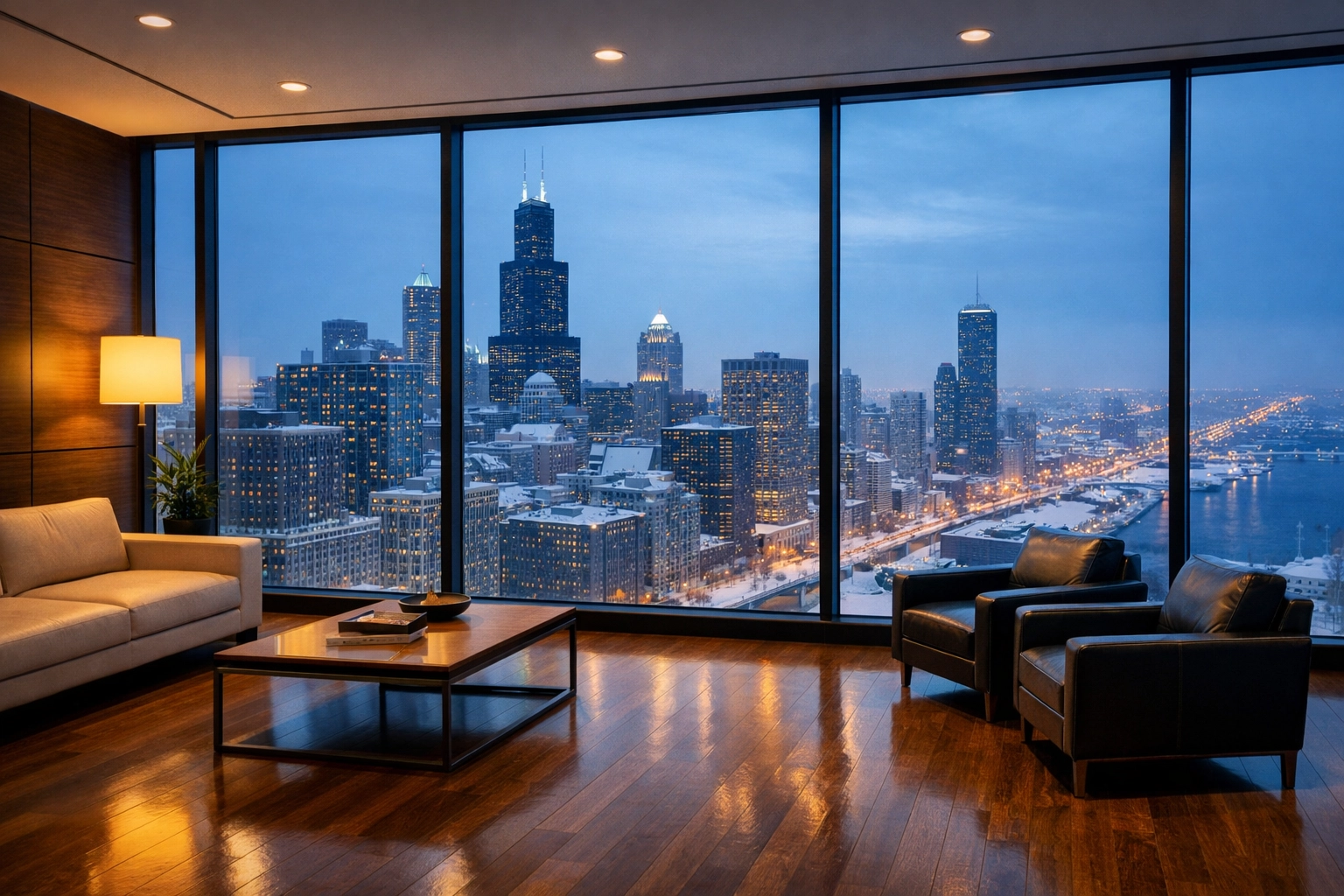 Polished hardwood floors in a modern Chicago office with a snowy skyline view.
