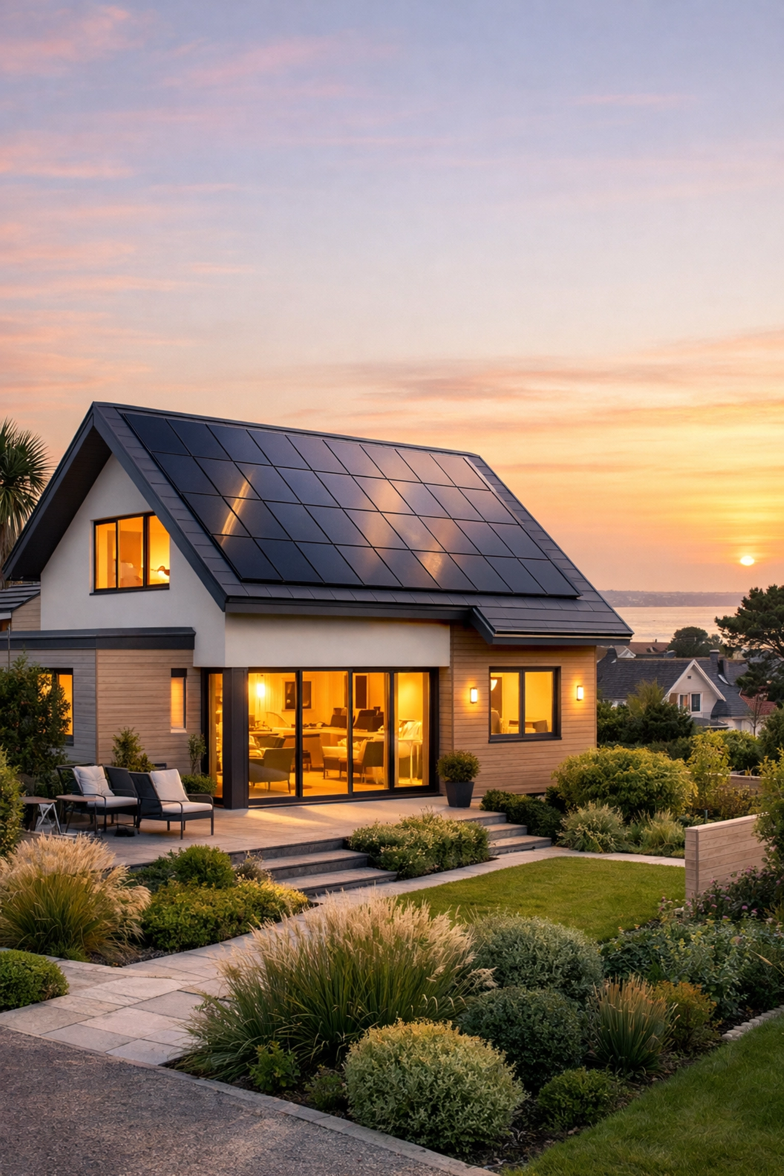 Modern Bournemouth home with rooftop solar panels at sunset, demonstrating sustainable solar energy storage.