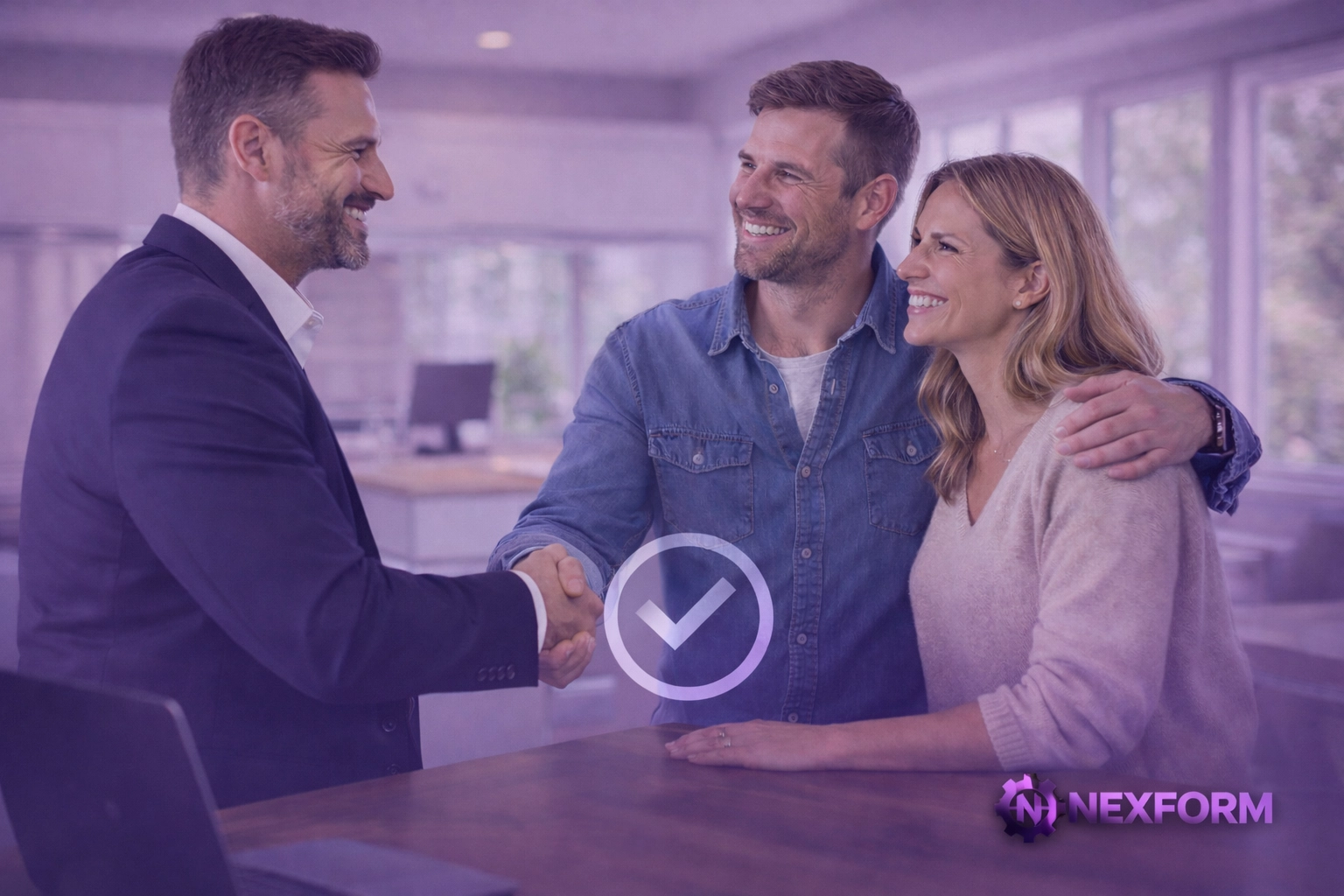 Professional estate agent shaking hands with happy clients after a successful AI-assisted property sale.