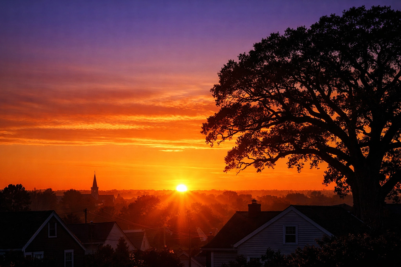 Vibrant sunrise over a New Jersey suburb representing hope and disaster recovery resources NJ for families.