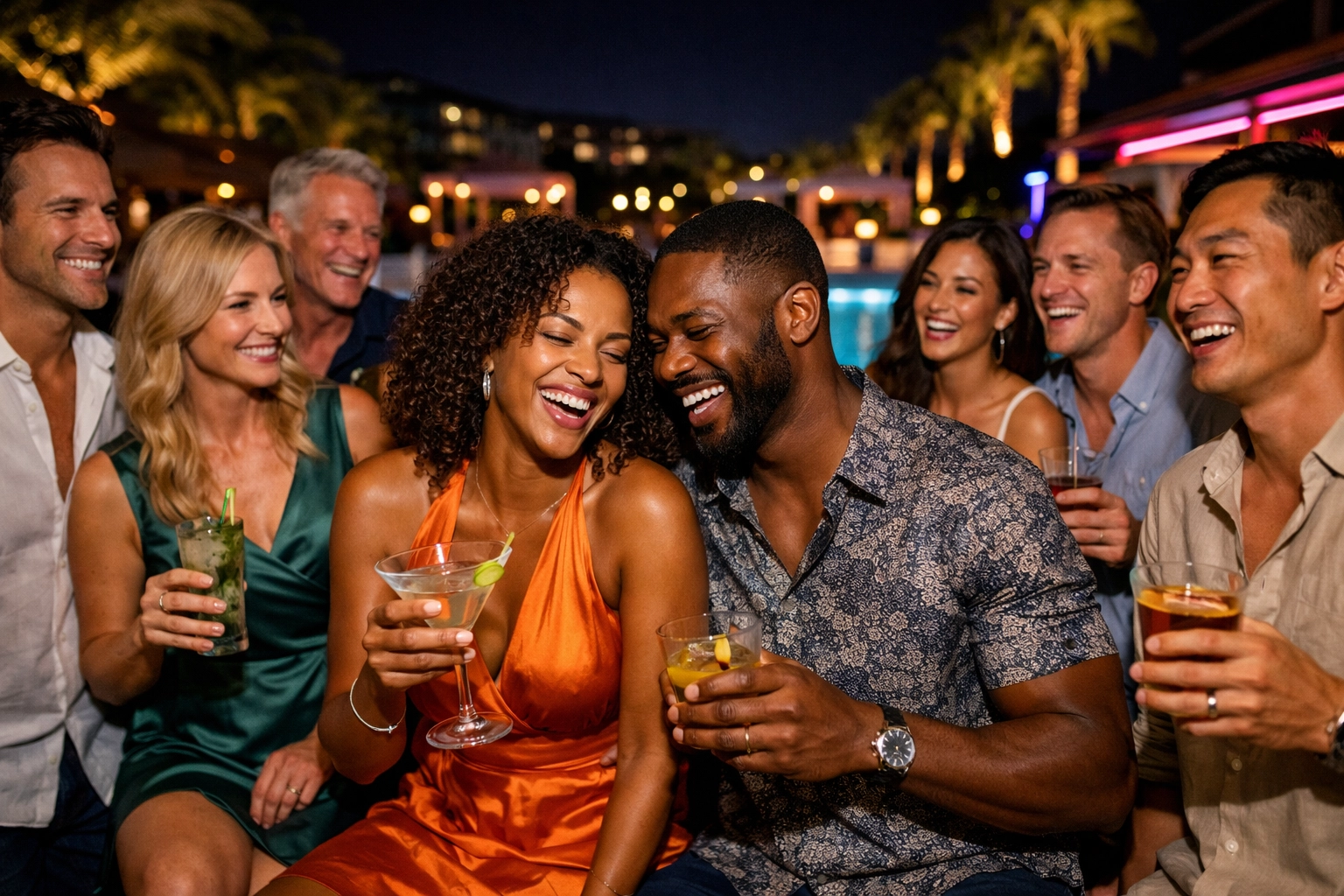 Adults enjoying a high-energy social atmosphere at a luxury resort following a lifestyle resorts booking.