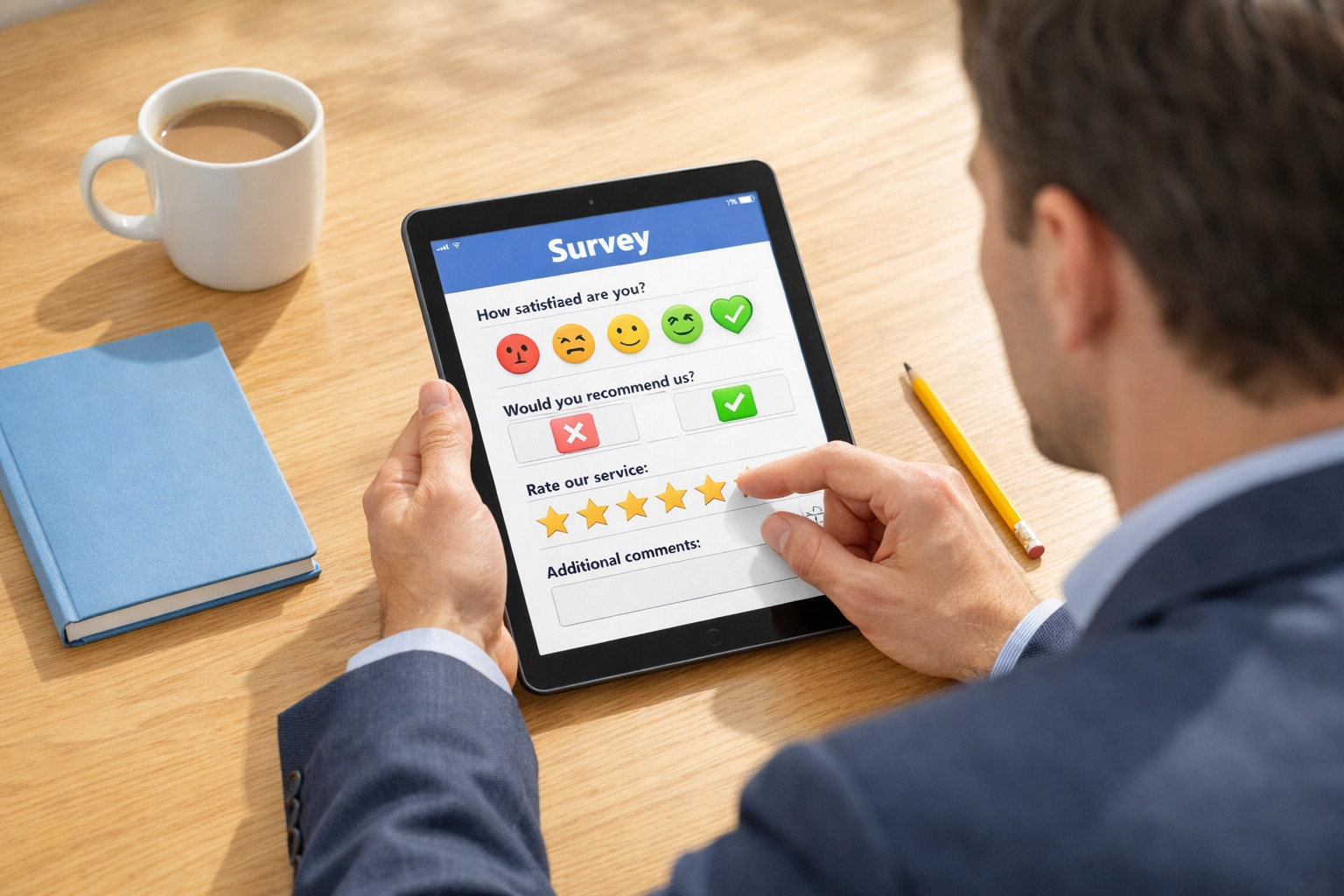 A nonprofit professional reviewing a donor survey on a tablet to identify legacy gift prospects.