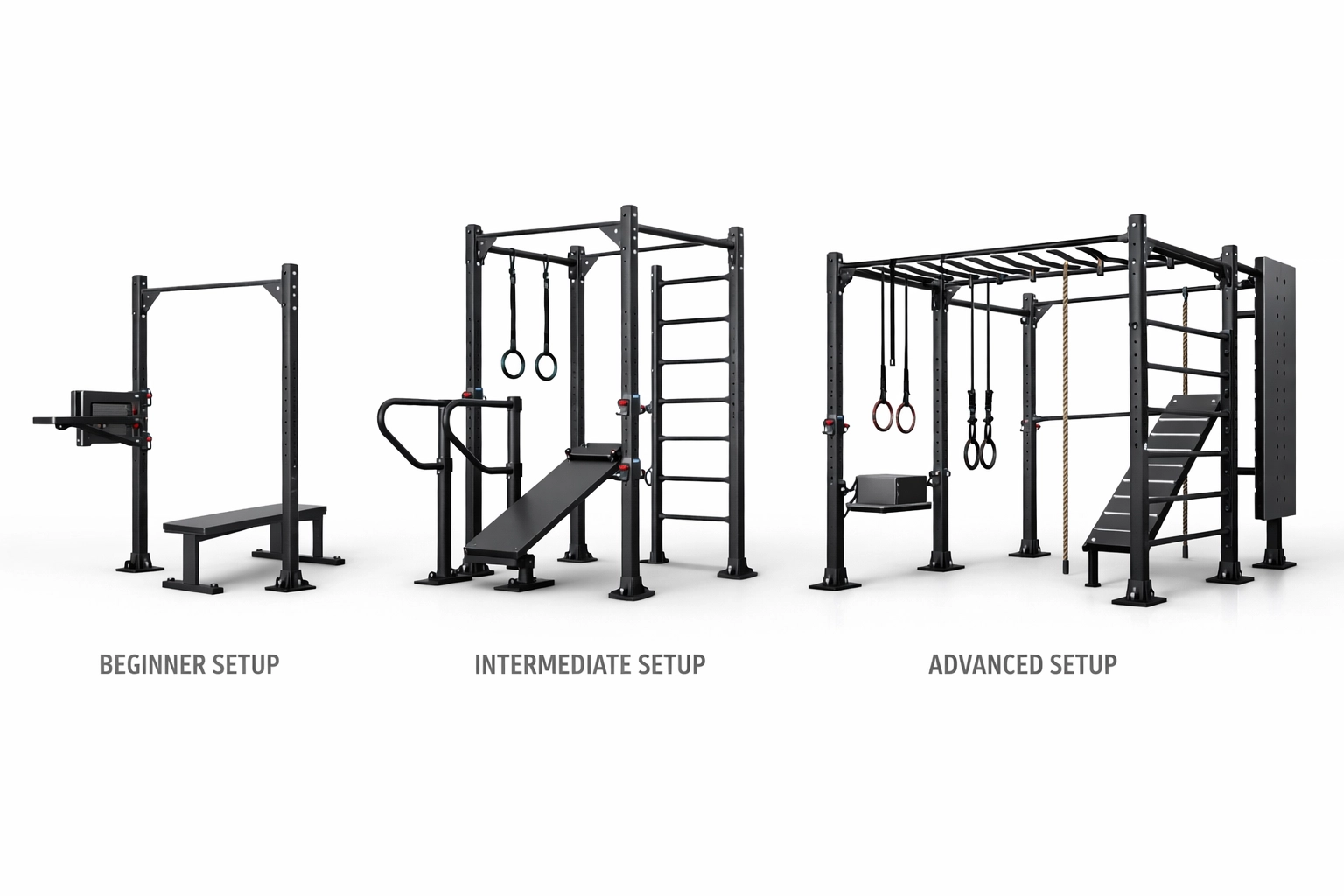 Modular home gym calisthenics equipment showing beginner to advanced configuration options