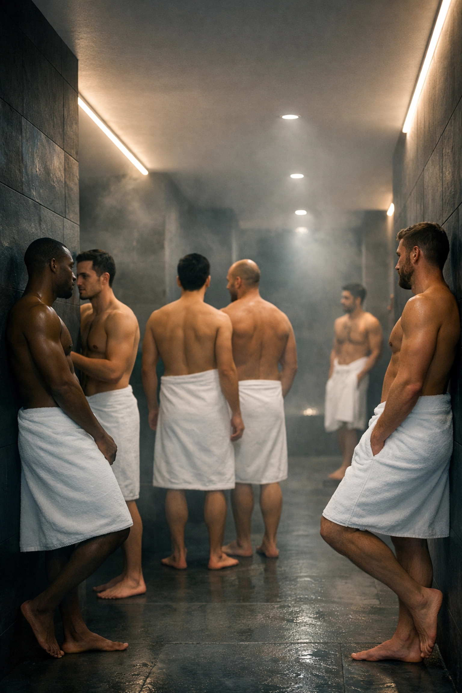 Men in towels in a misty gay sauna corridor maintaining respectful distance and personal boundaries.