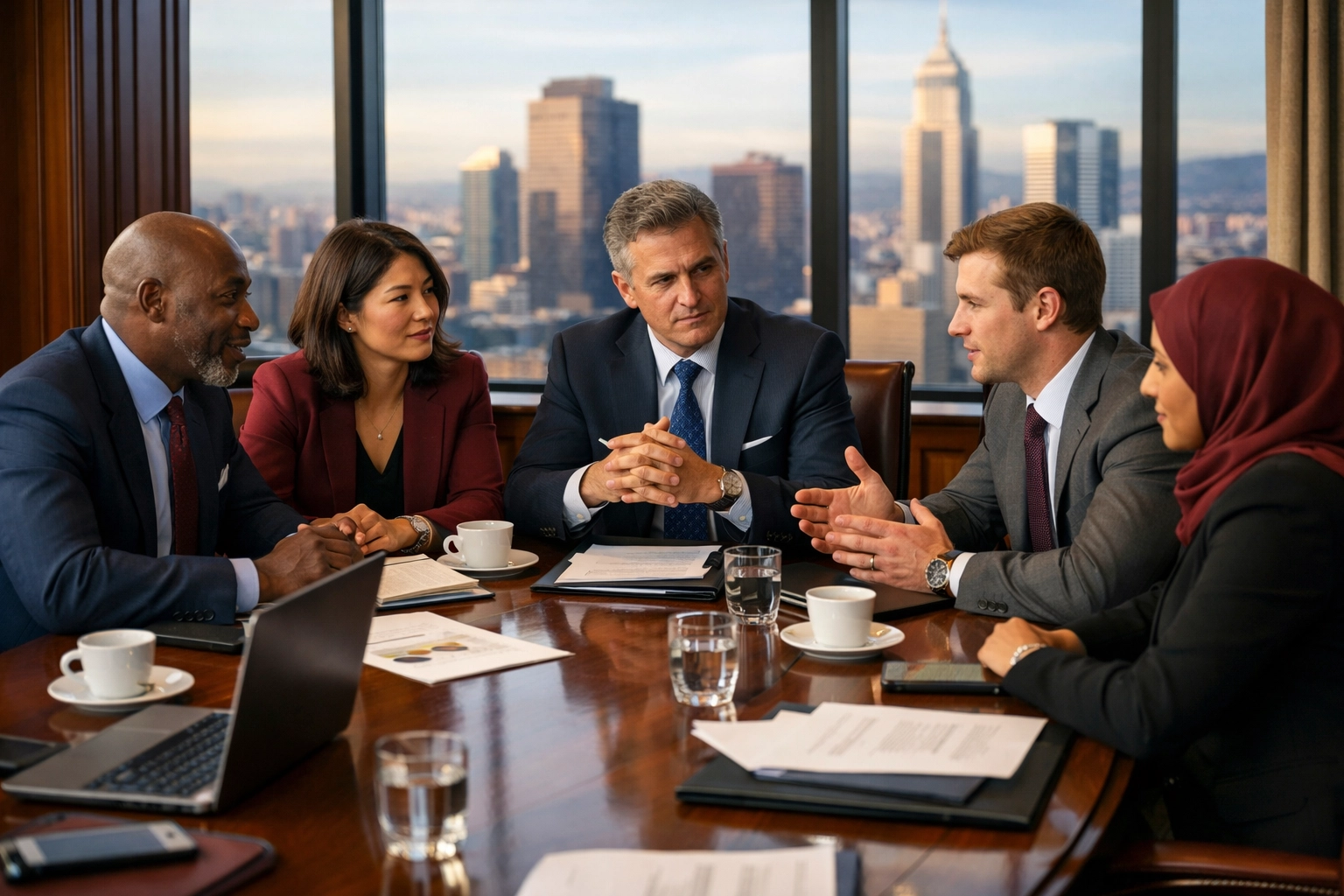 Business executives in strategic meeting discussing commodity deals and partnerships