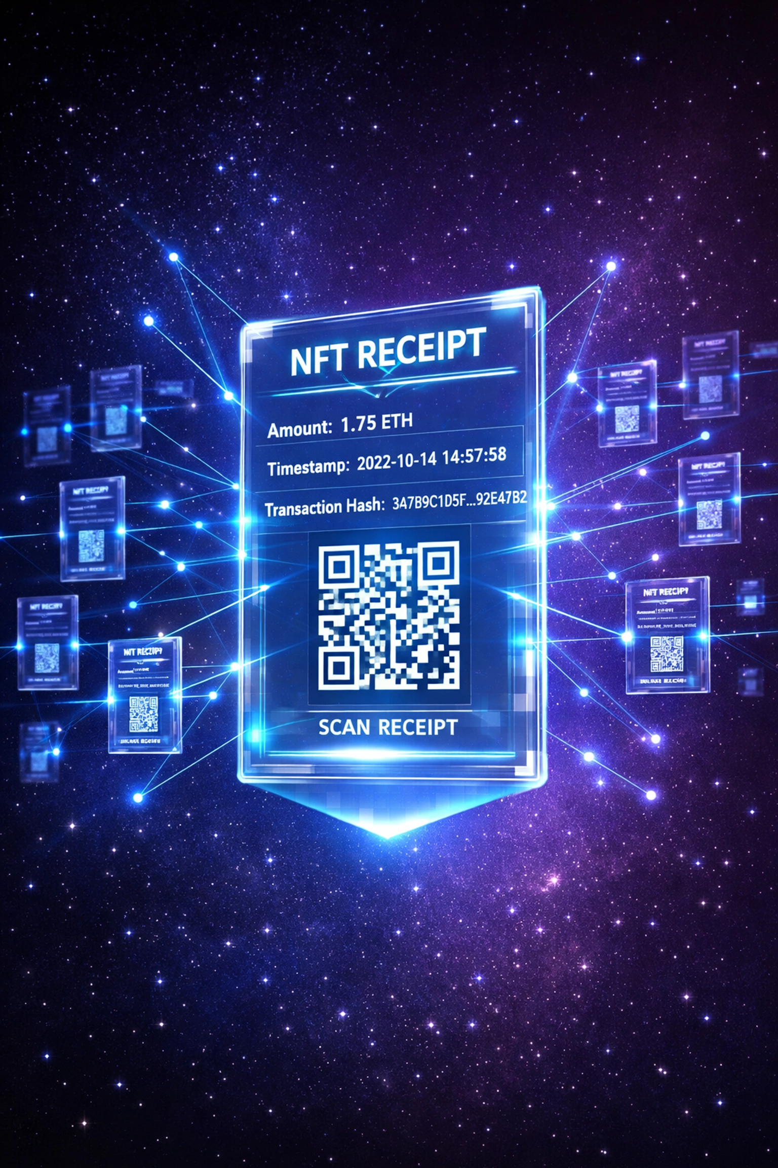 NFT receipt with blockchain network connections showing automated transaction record-keeping