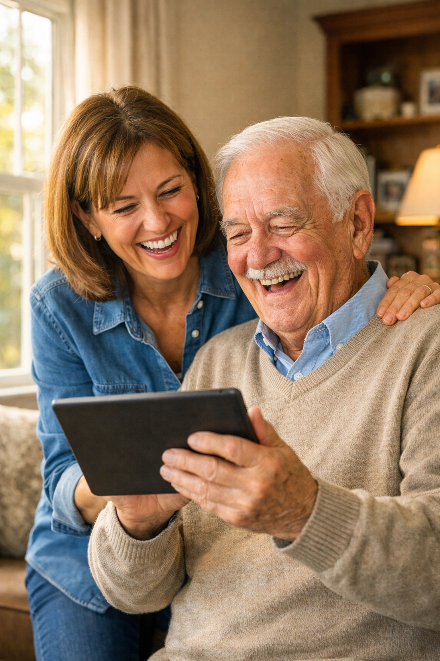 A supportive caregiver and elderly father discussing home safety and a fall prevention routine.