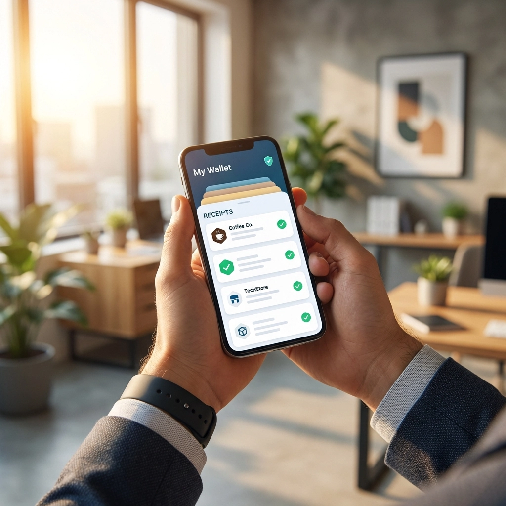 Businessperson holding smartphone displaying a digital wallet with organized NFT receipts and blockchain badges