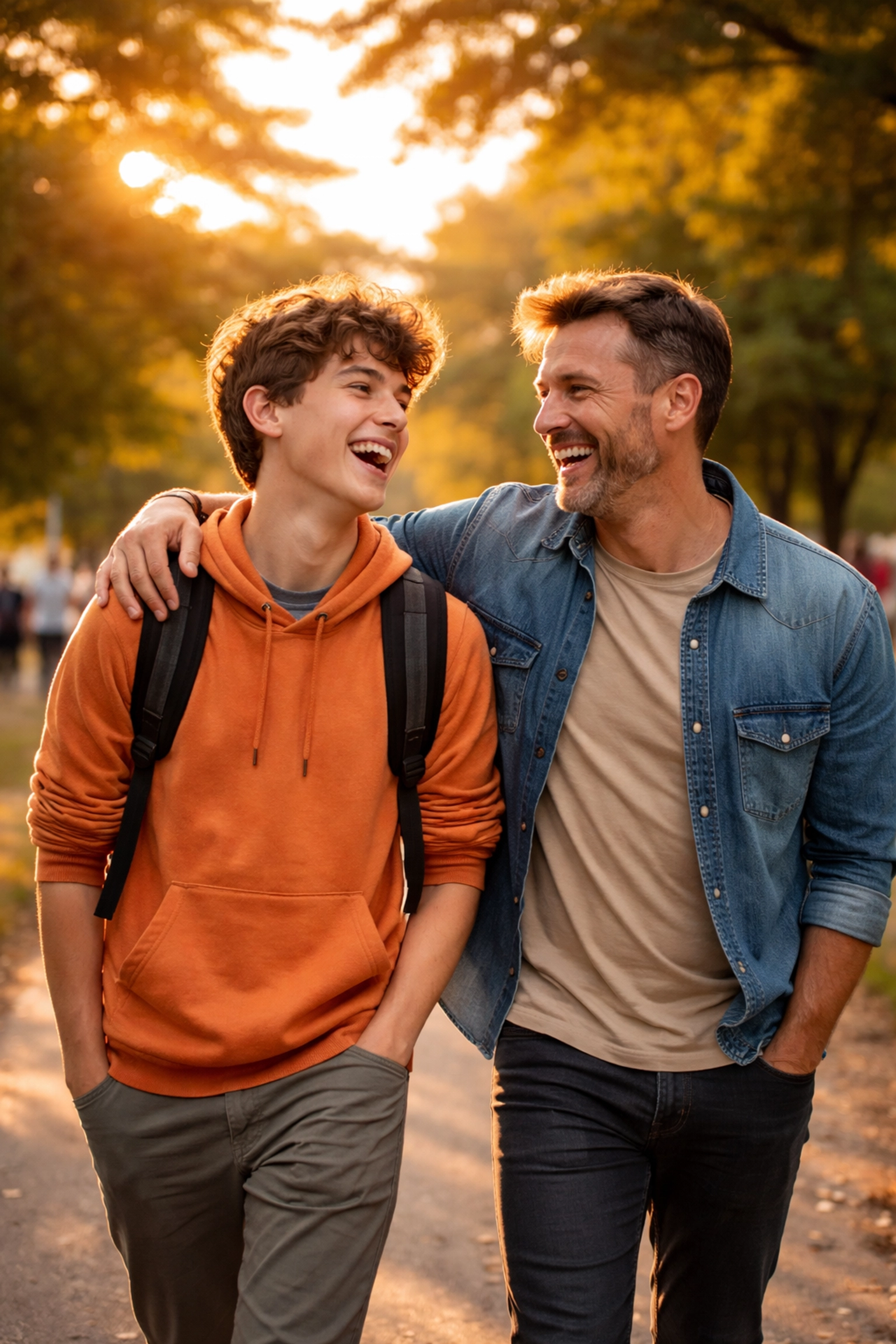 Parent and teen laughing together on a sunlit path, symbolizing connection and the power of a supportive community.