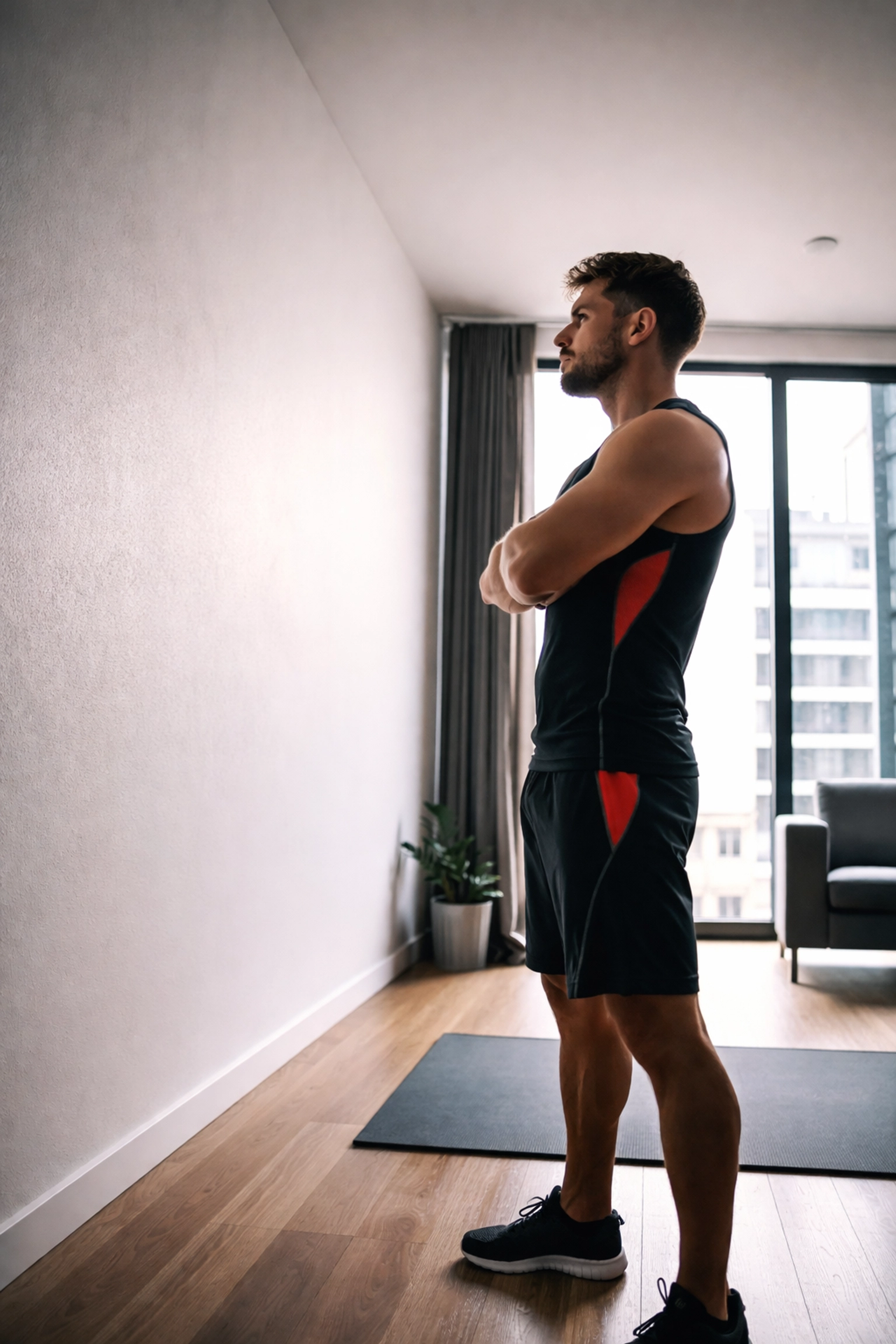 Frustrated athlete in apartment looking at blank wall, illustrating challenges with traditional pull up bars for home gym setups.