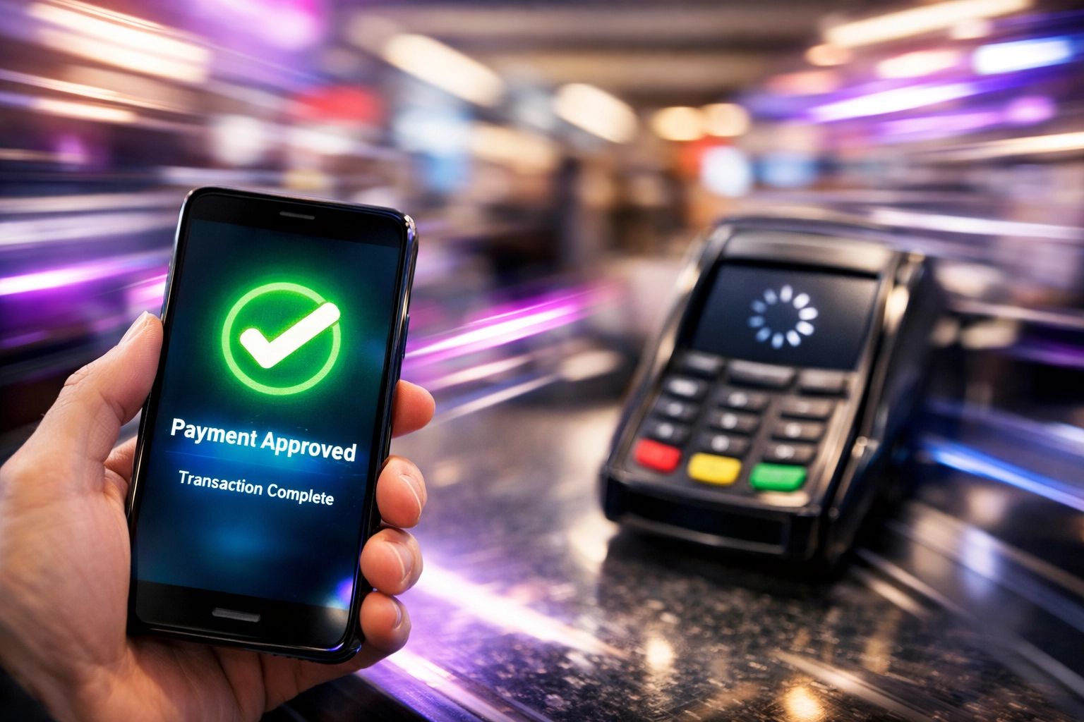 Instant crypto payment confirmation on smartphone versus slow traditional card terminal processing