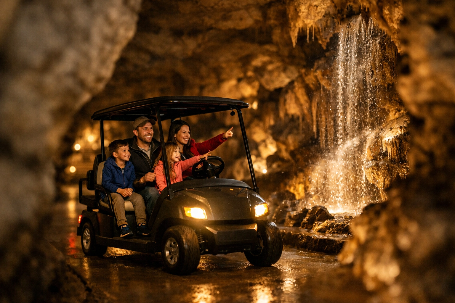 Family on a golf cart tour through a stunning limestone cavern, a unique and fun family travel activity.