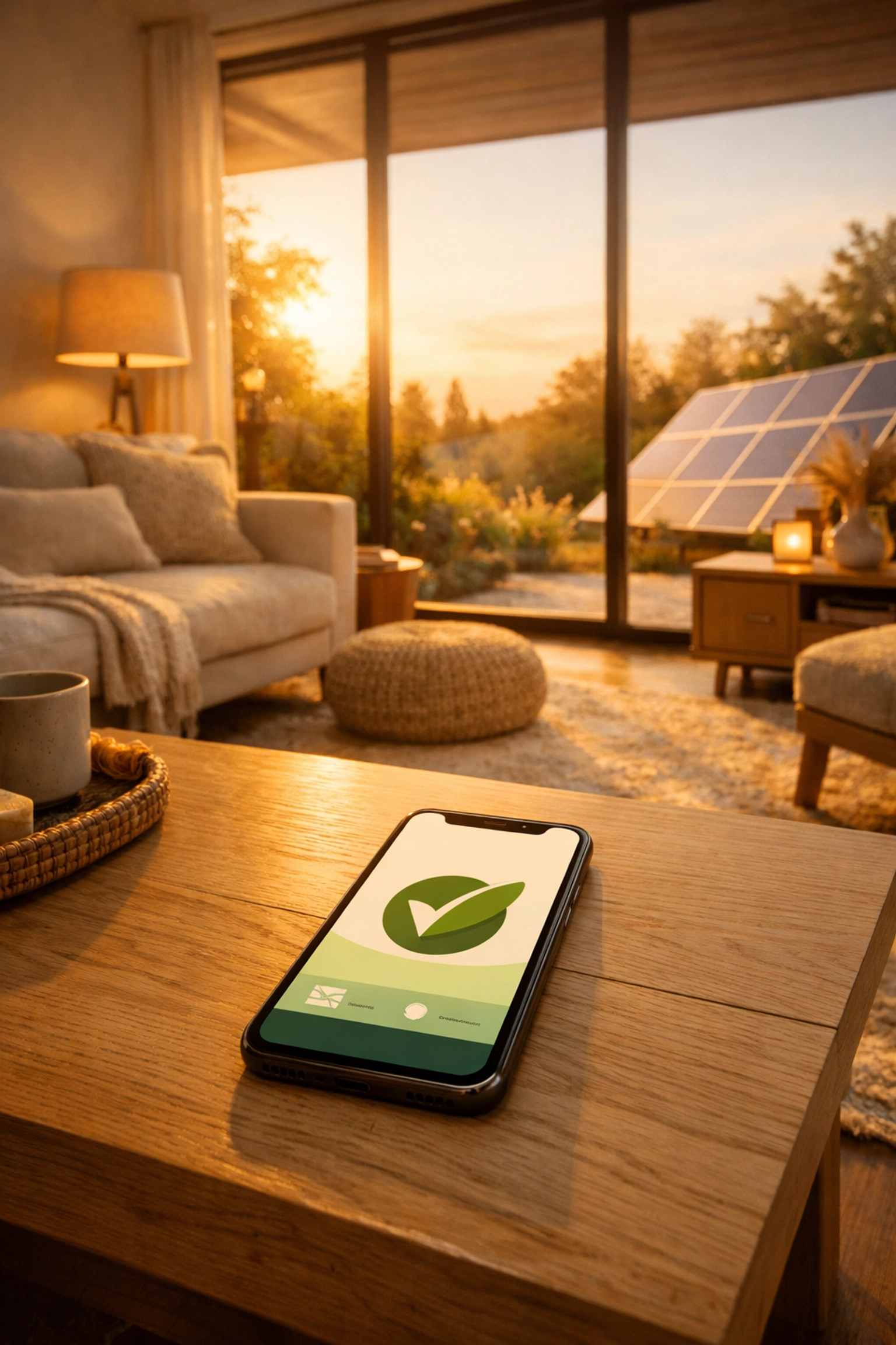 A modern living room showing a smart app monitoring 100% self-generated solar power for a net-zero home.
