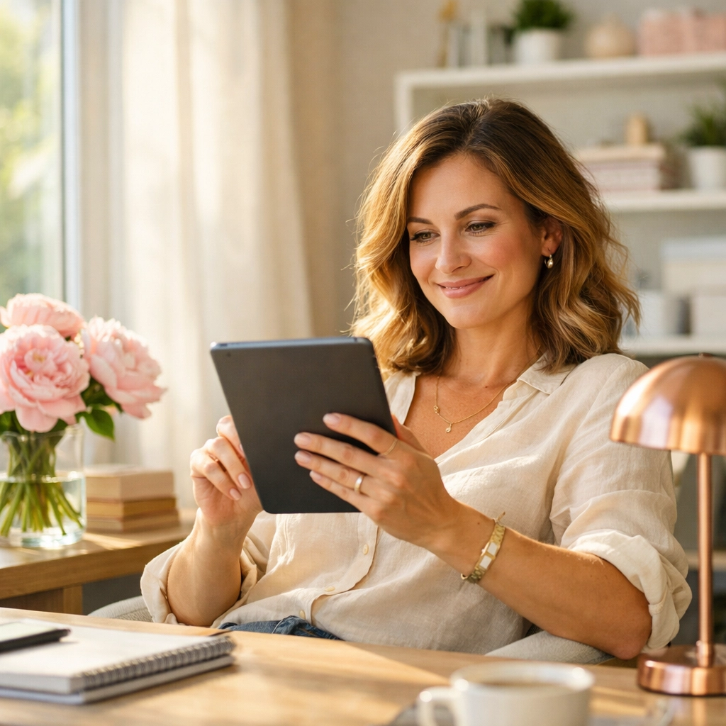 A female entrepreneur reviewing lead generation strategies on a tablet in a bright modern home office.