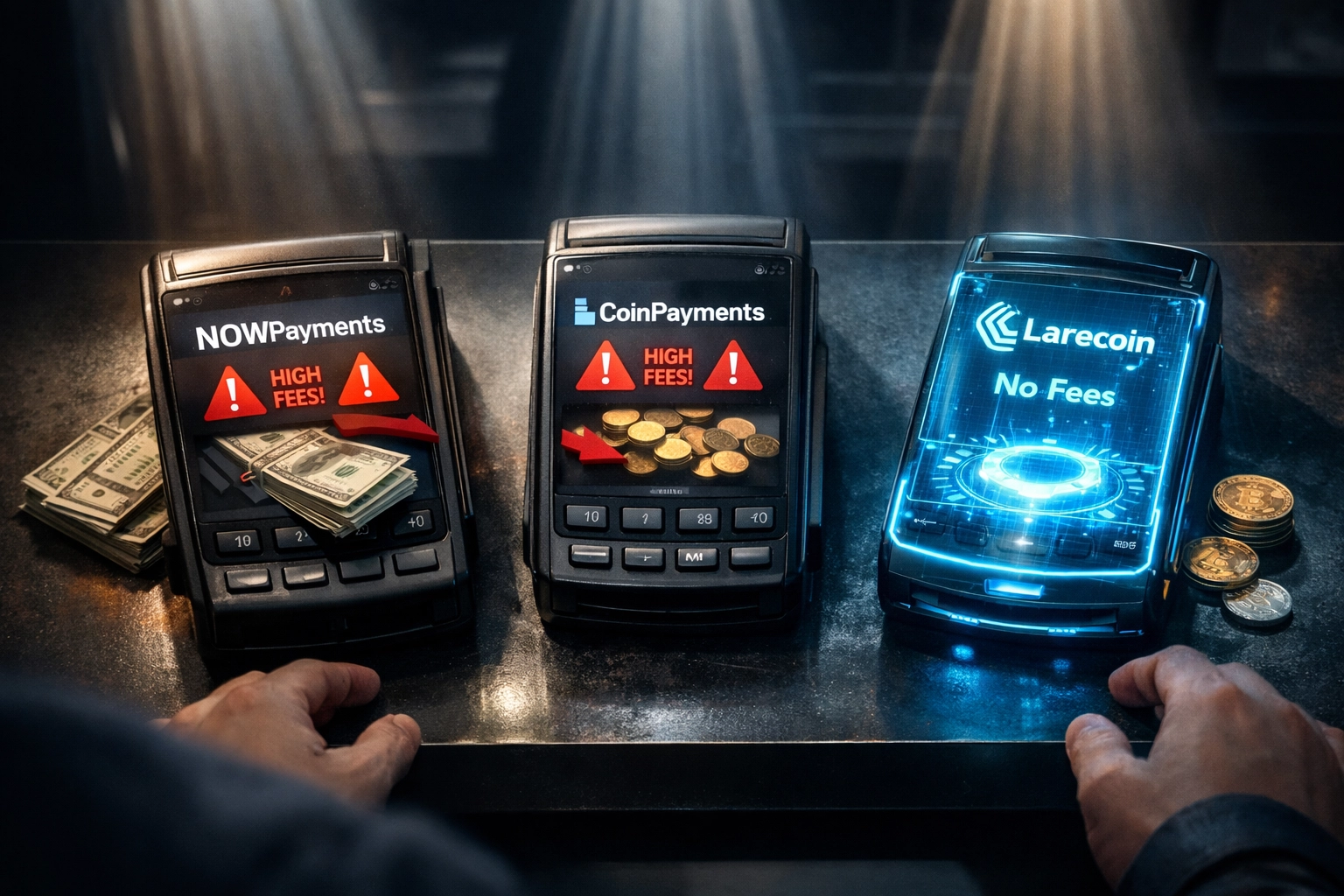 Three crypto POS terminals comparing interchange fees for NOWPayments, CoinPayments, and Larecoin