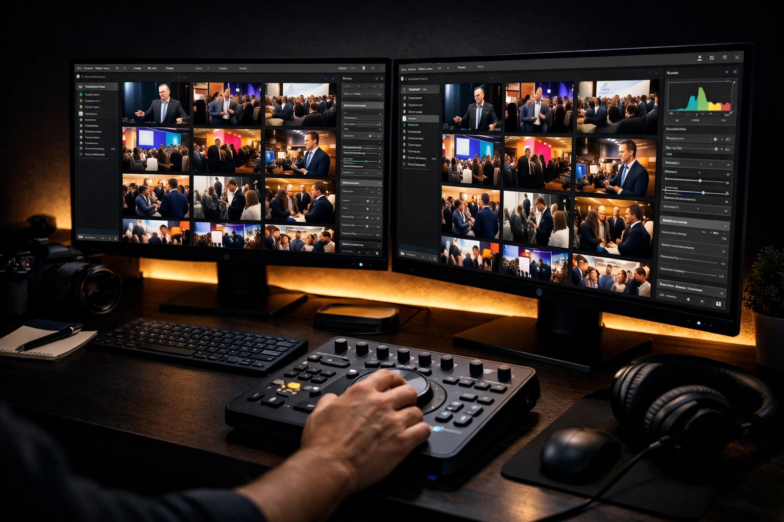 A professional photo editing workstation displaying a grid of corporate event and trade show photography shots.