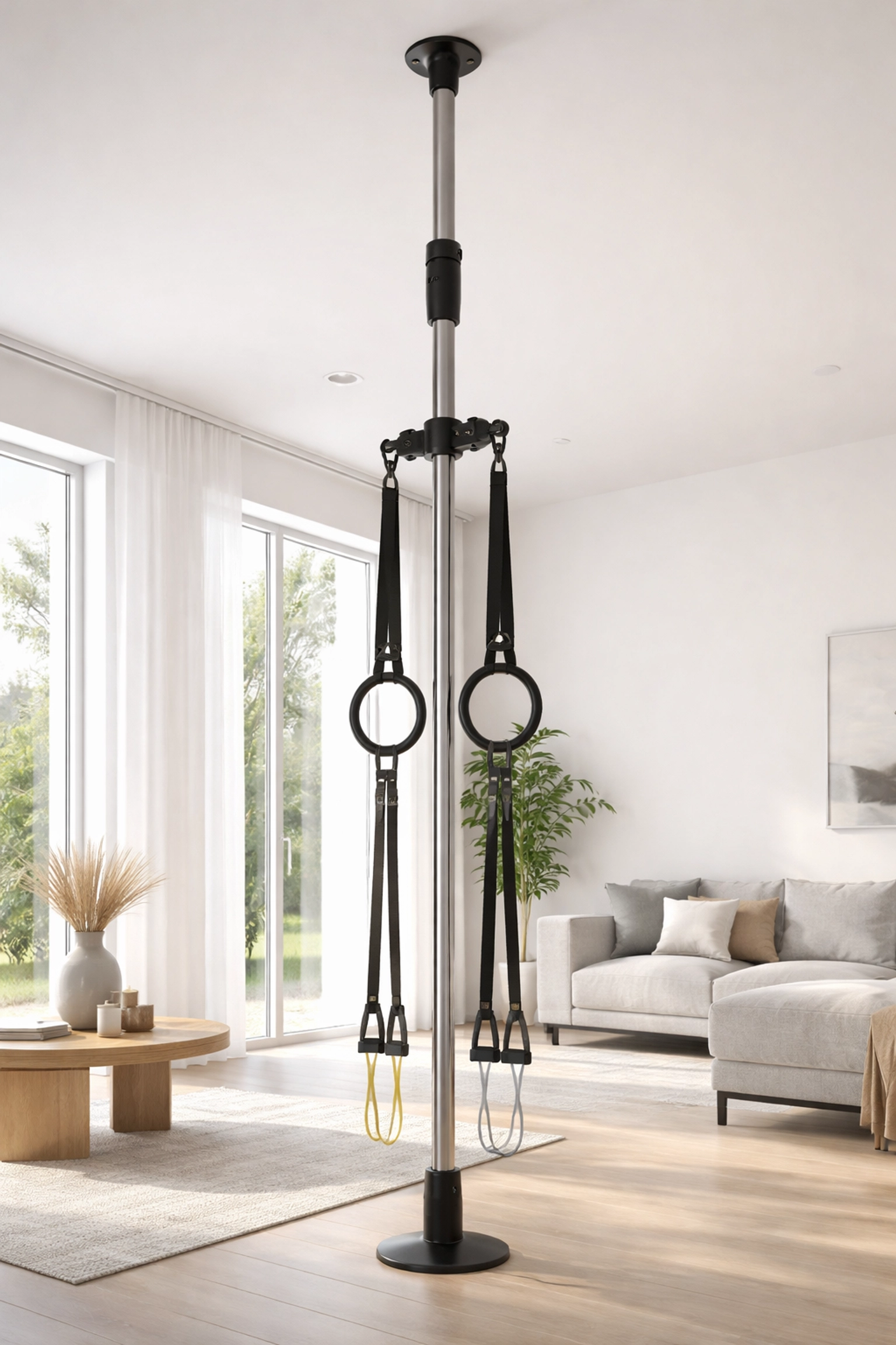 Modern floor-to-ceiling gym system installed in a minimalist home with resistance bands and rings for versatile workouts