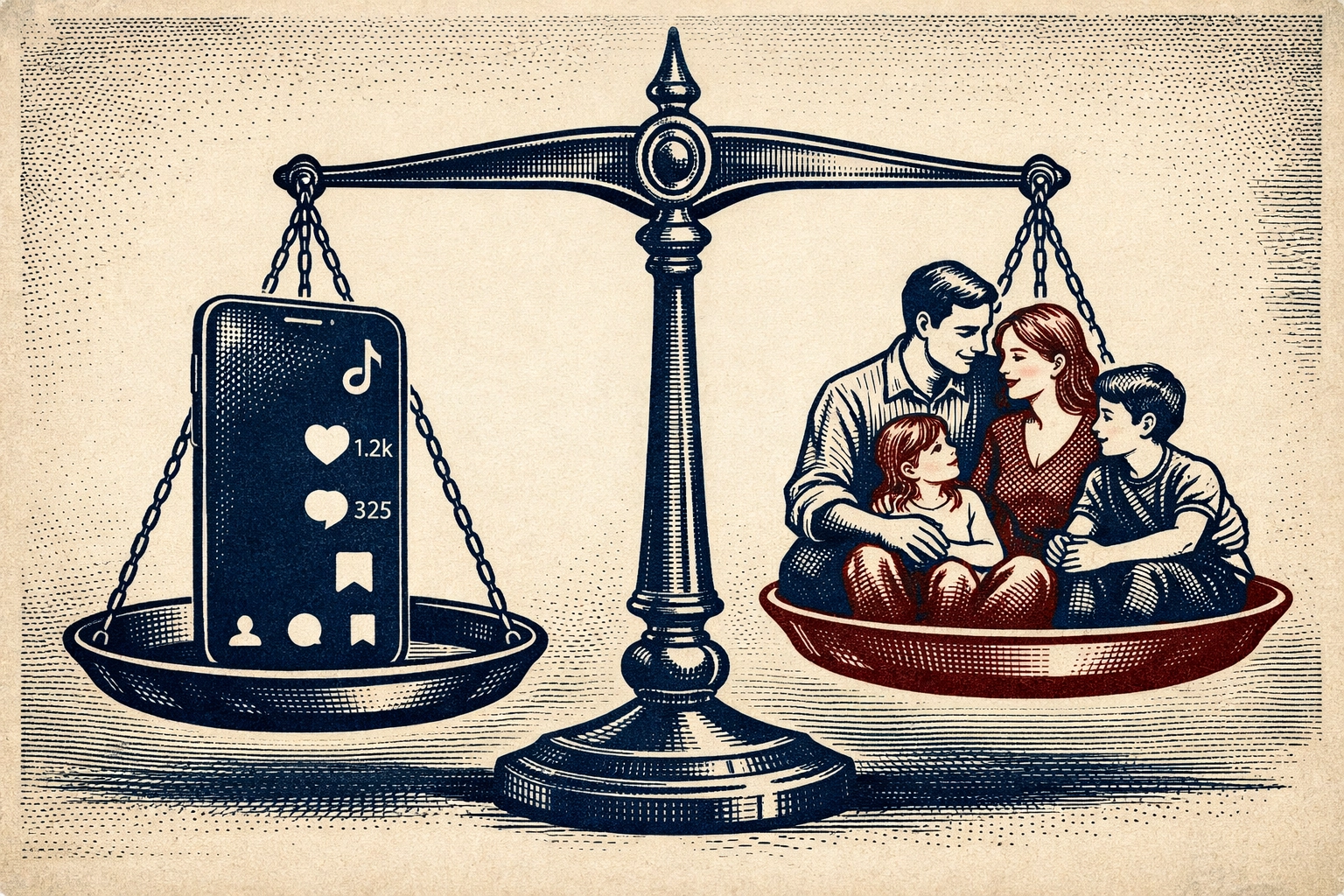 Balance scale weighing smartphone against family wellbeing and digital health