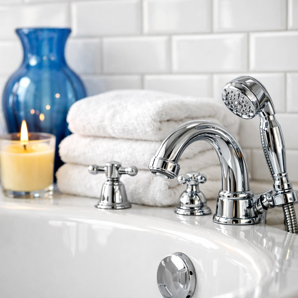 Detail of a sanitized luxury master bathroom with sparkling fixtures from house cleaning Ashburnham MA.