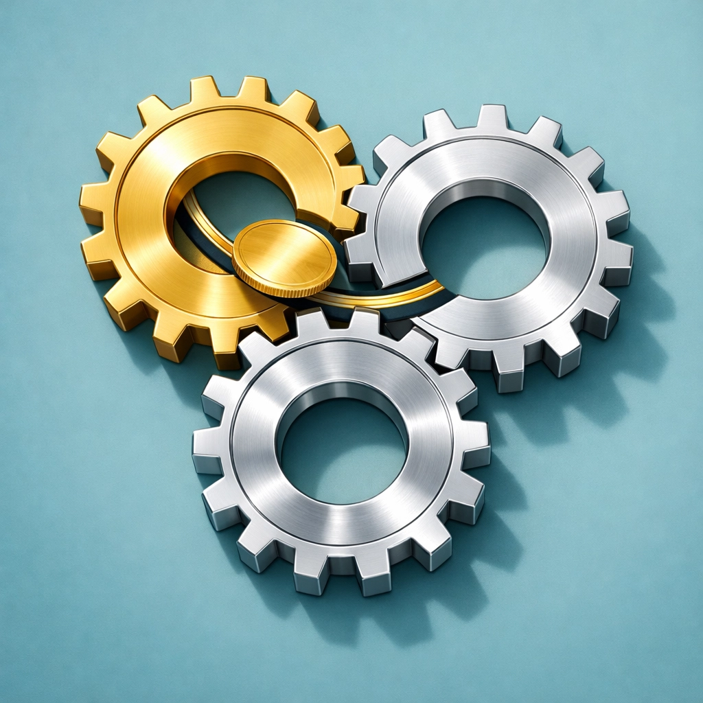 Metallic gears and a gold coin, illustrating automated savings and the power of the silent saver method.