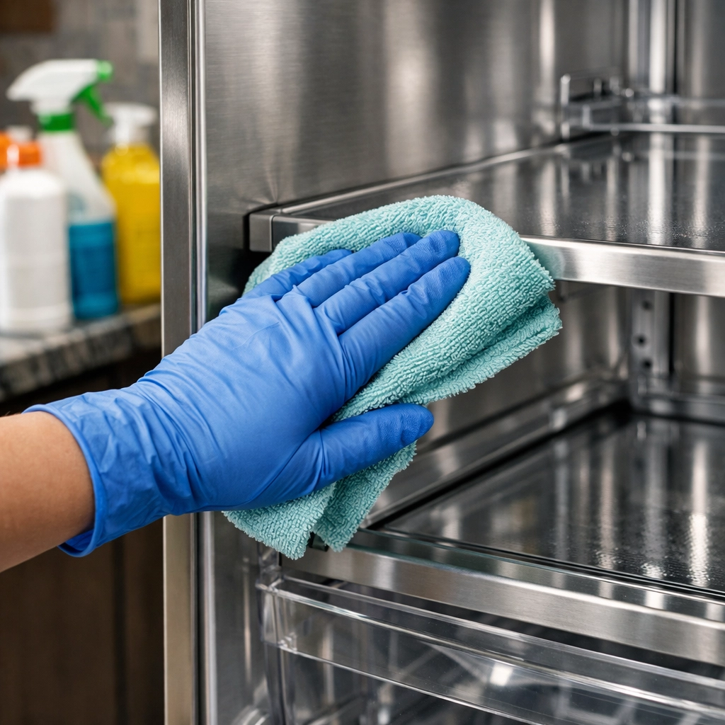 Professional cleaner wiping refrigerator interior during detailed move-out cleaning service
