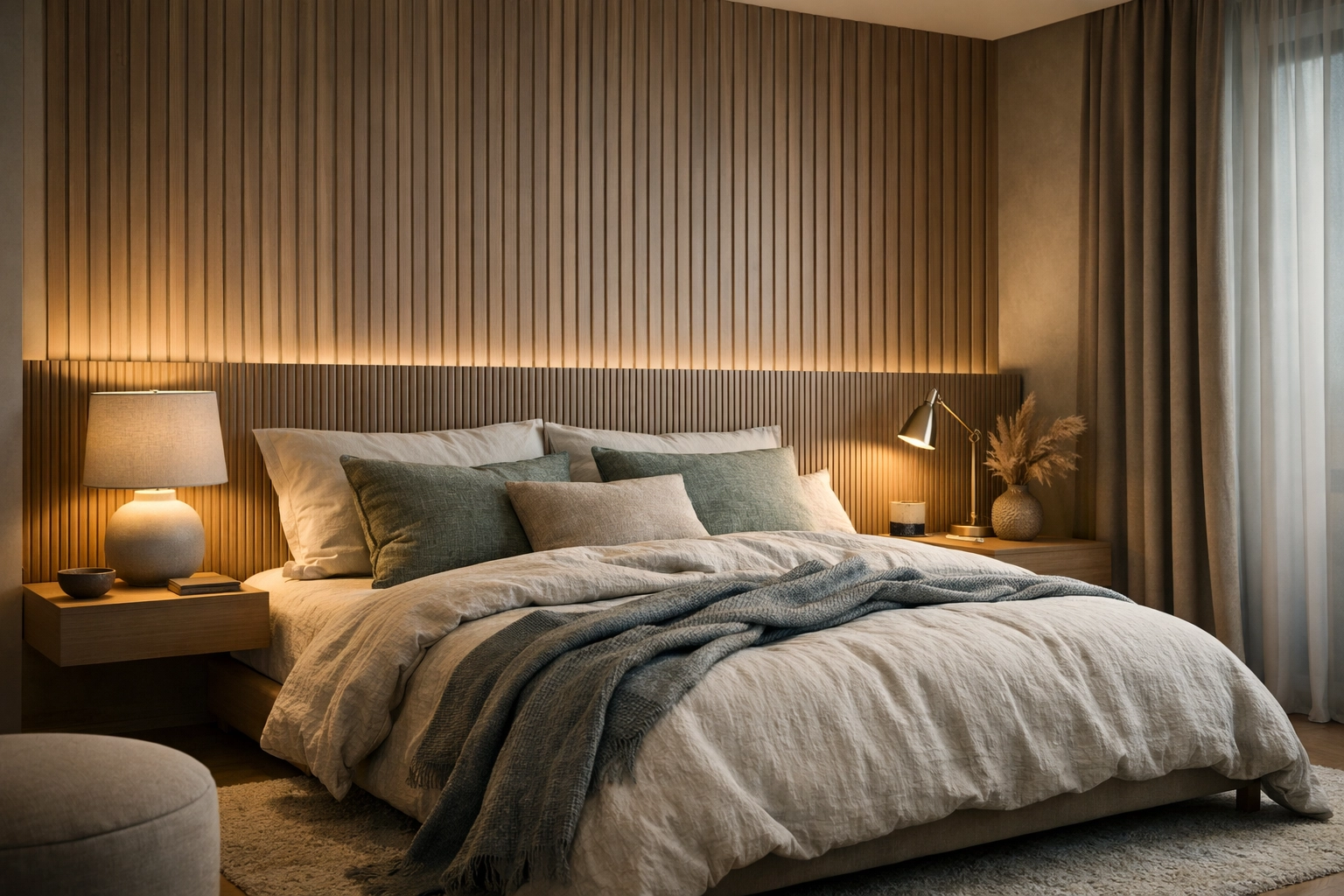 Photorealistic contemporary bedroom render with soft evening lighting, textured linens, and a fluted wood feature wall.