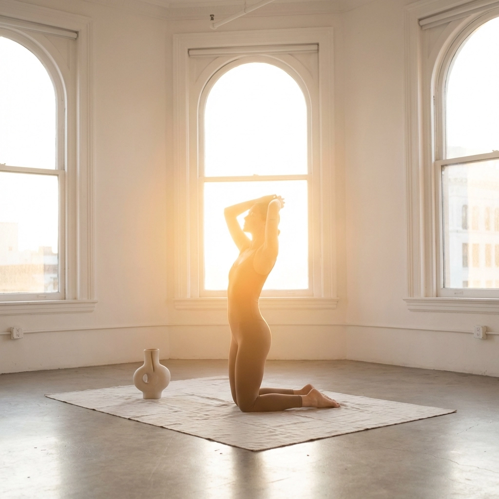 Fine art nude photography of a kneeling vertical pose with arms raised to elongate the midsection.