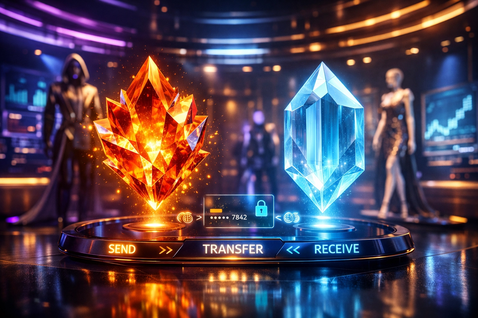 Digital checkout in the metaverse with glowing icons representing LARE rewards and LUSD stablecoin payments.