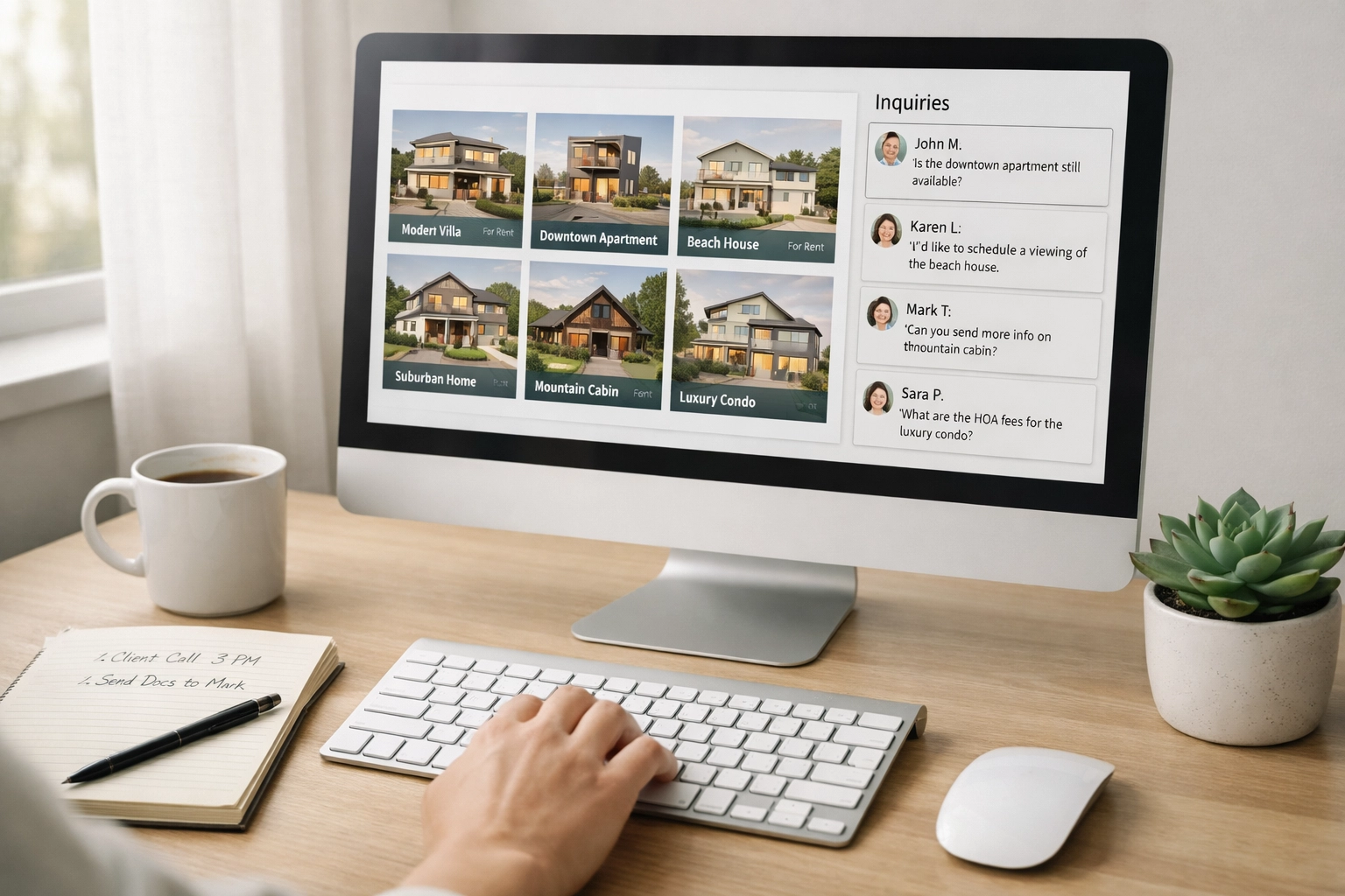 Property manager responding to rental inquiries on computer with listings displayed