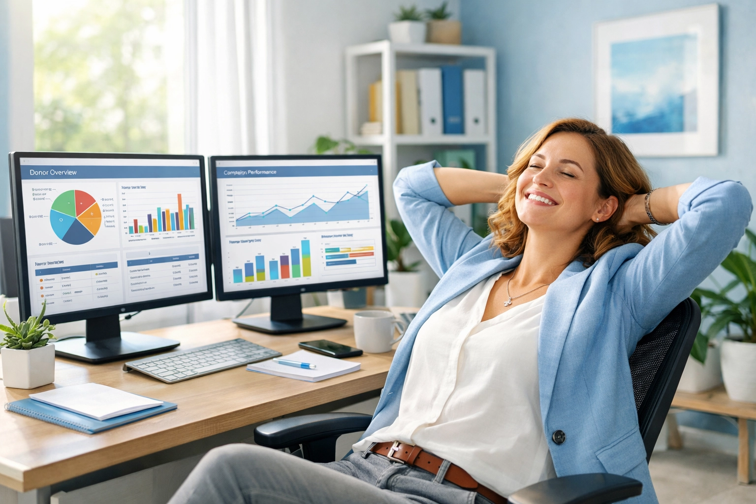 Nonprofit development director reviewing successful donor outreach analytics on dual monitor dashboard