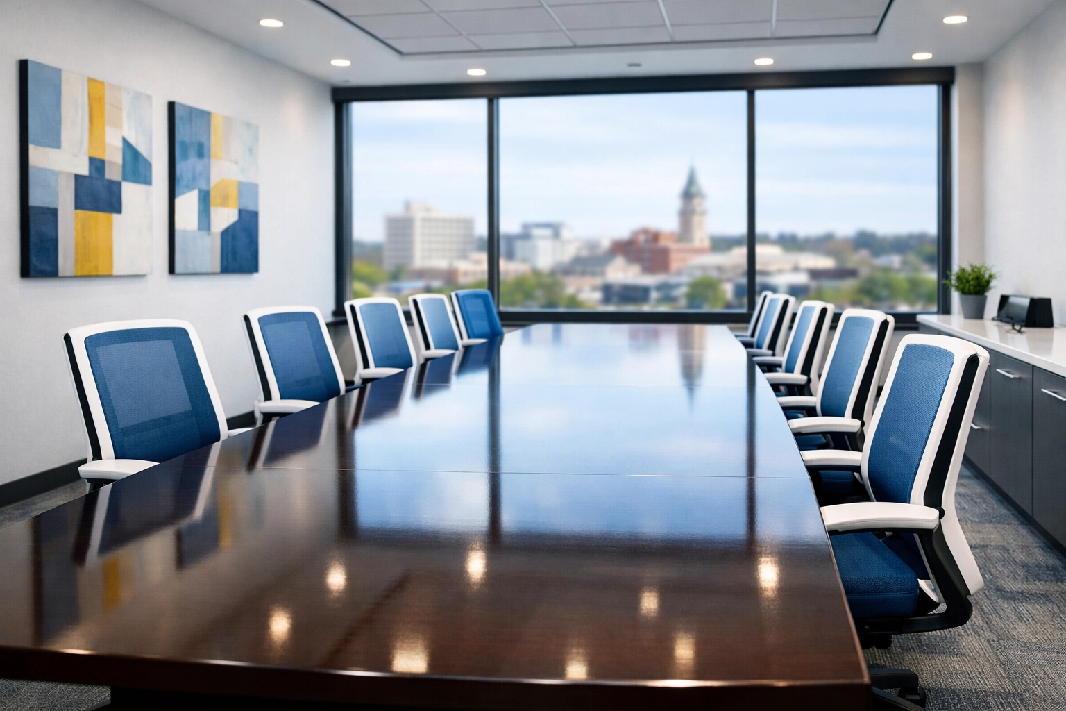 Polished conference table in a modern office following a professional commercial Fitchburg deep cleaning.