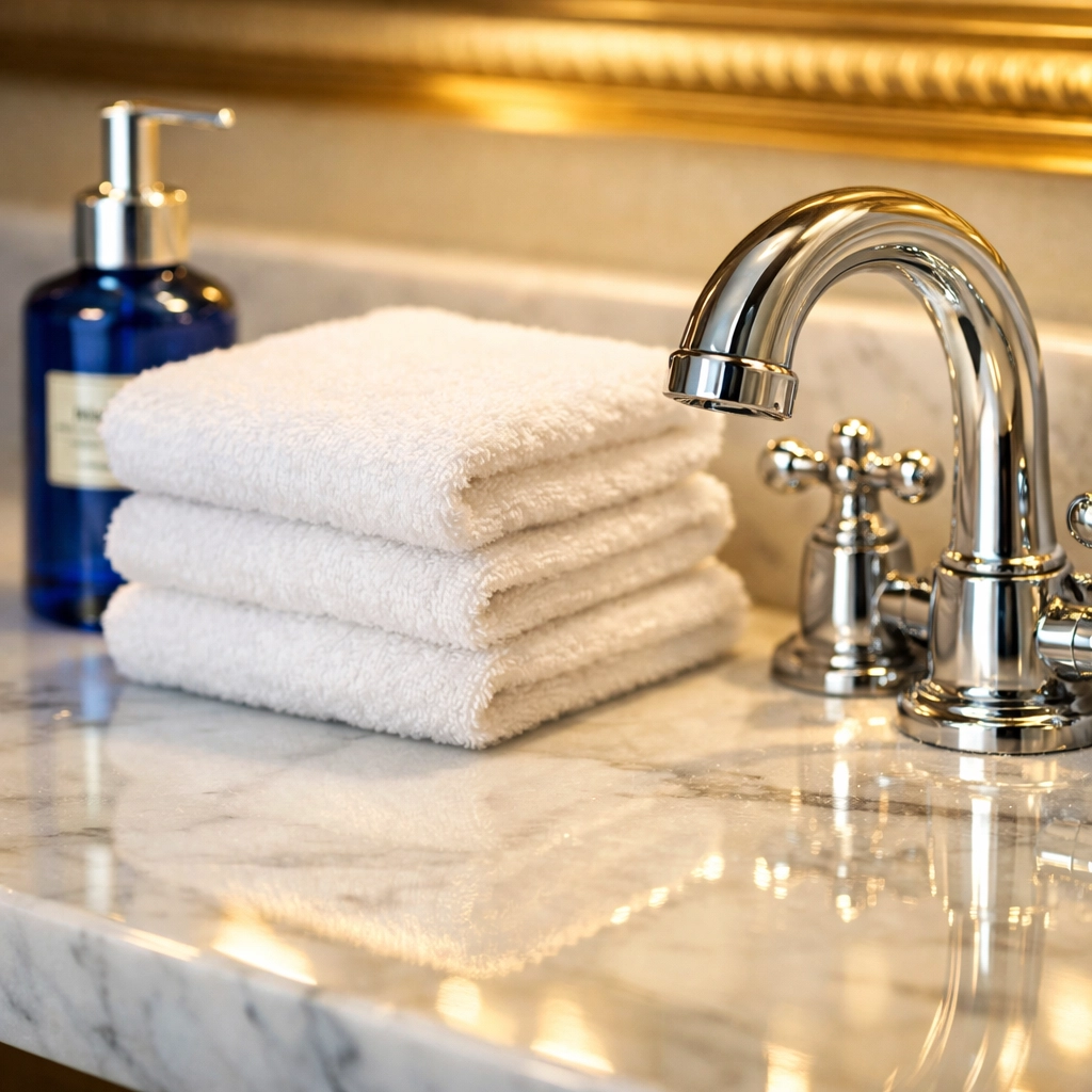 Detailed view of a sanitized marble bathroom vanity following professional deep cleaning Lowell services.