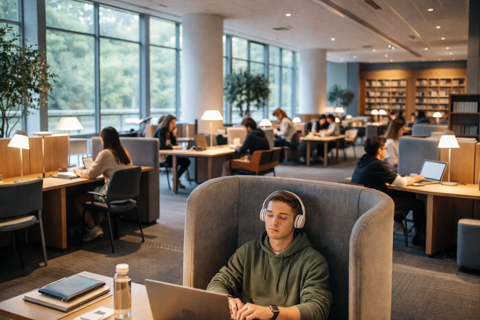Modern university library with sensory-friendly study zones and students using assistive technology for accessibility