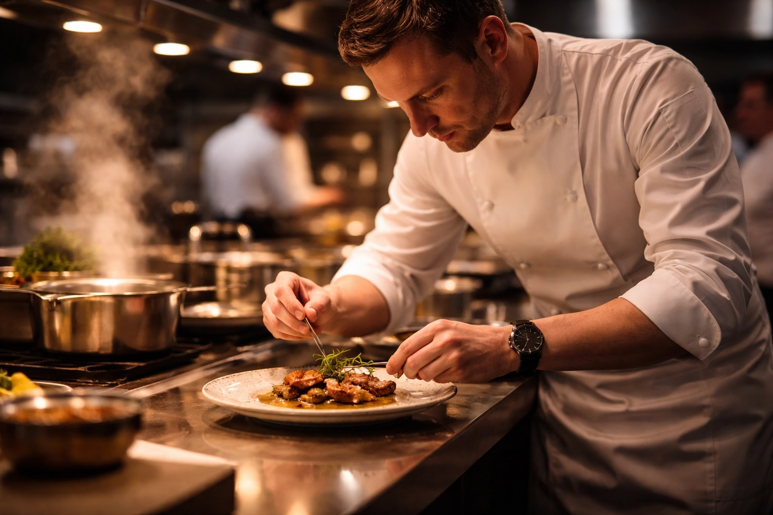 Chef in commercial kitchen plating a dish, showcasing food service visual storytelling and excellence