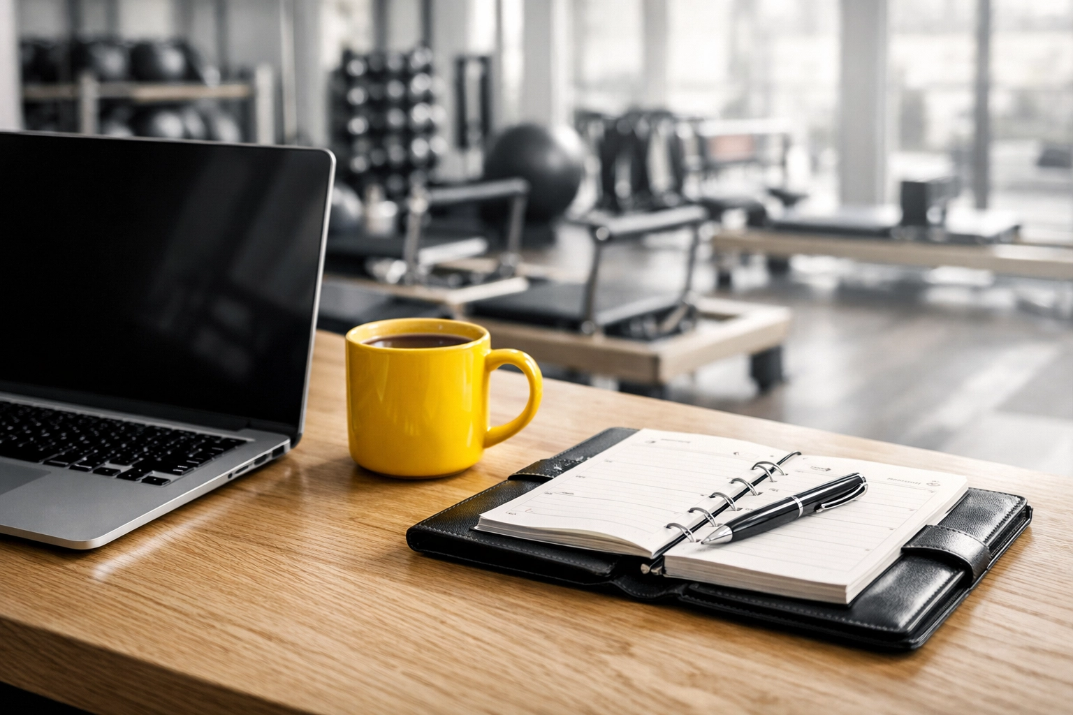 Organized desk with a laptop and planner representing efficient fitness business management systems.