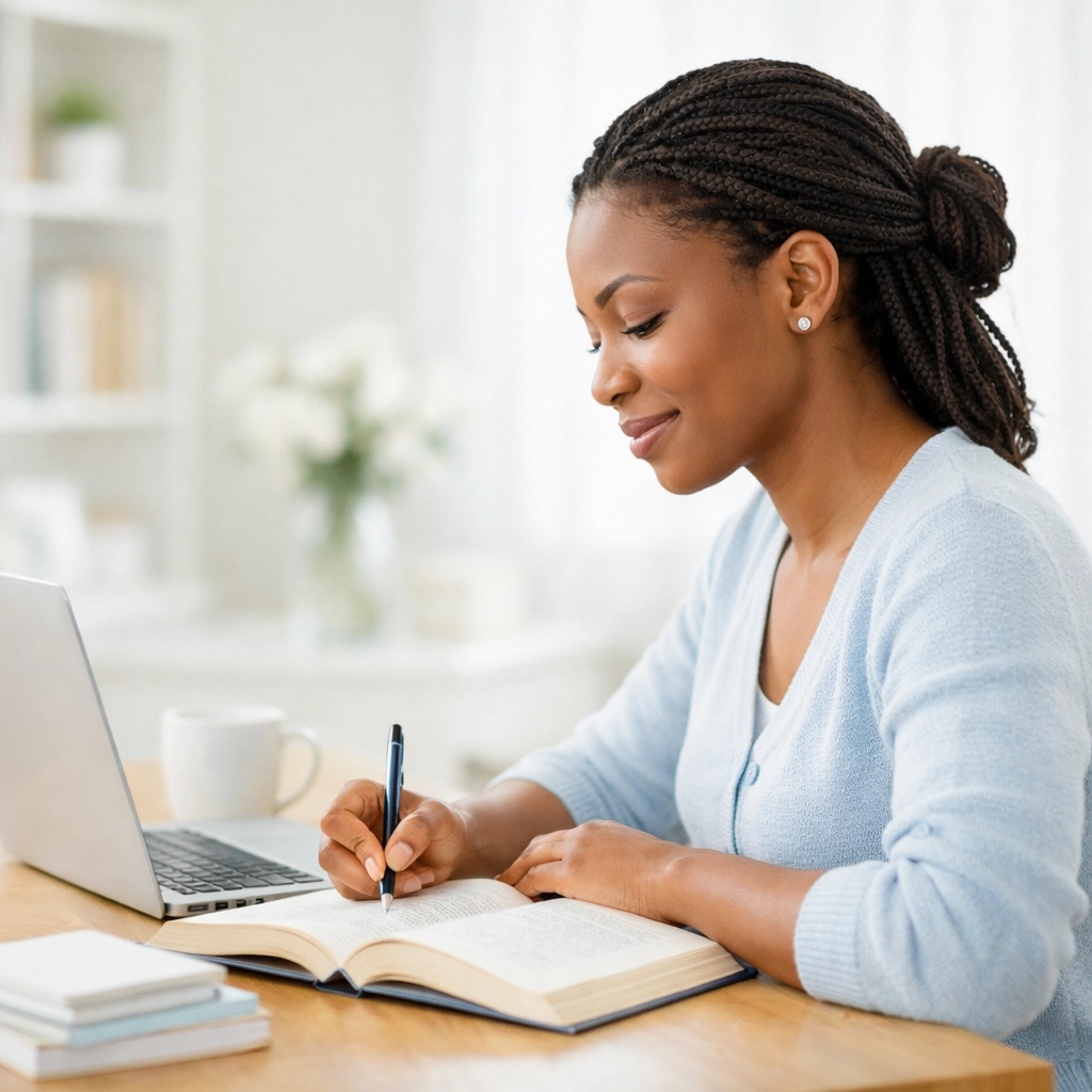 African woman studying for a debt-free ministry degree through an affordable, flexible seminary program at home.