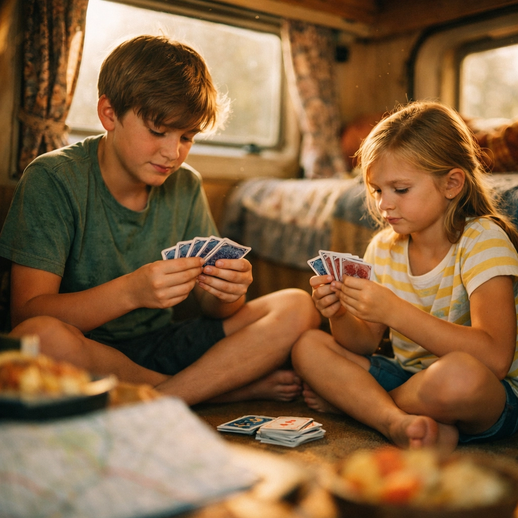 Siblings playing cards in a camper van, capturing lasting family travel memories on a road trip.