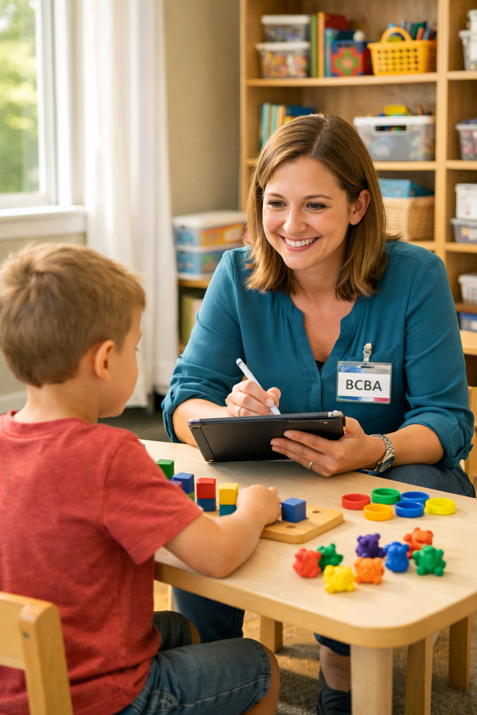 BCBA providing one-on-one ABA therapy supervision with child in Georgia clinic