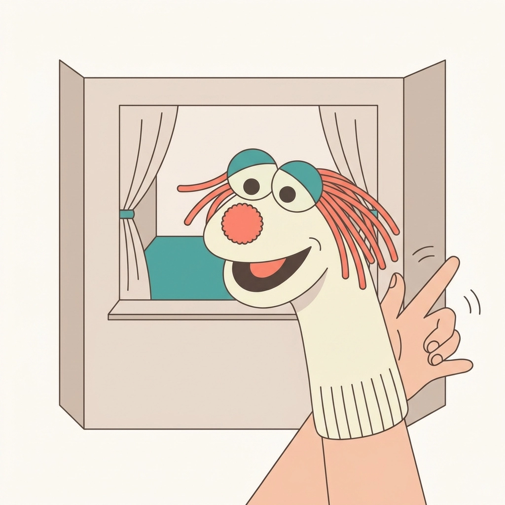 Completed sock puppet with yarn hair and pom pom nose being used in a homemade cardboard puppet theater for kids