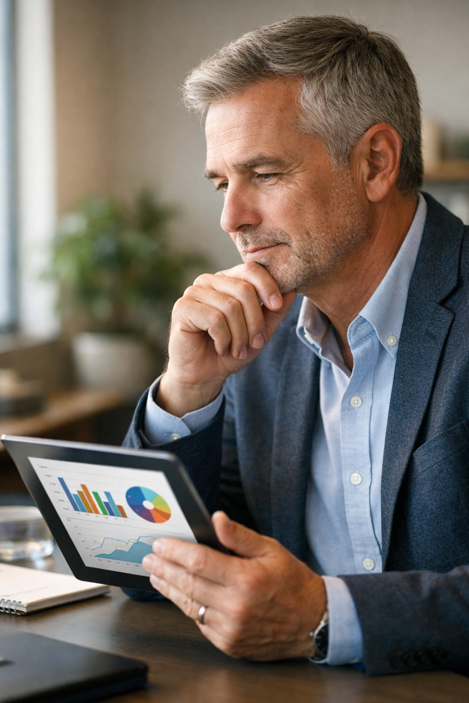 Behavioral health director analyzing QAPI performance data and quality metrics on tablet