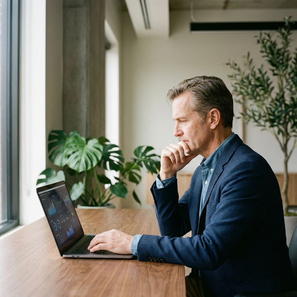 Executive making a thoughtful decision at workstation, representing adaptability and critical thinking in business